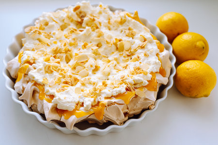 Lemon meringue cake with whipped cream and fresh lemonsの写真素材
