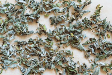 spicy dry herb sage on craft paper. Dried chopped spicy herb, spice, medicinal herbal teaの写真素材