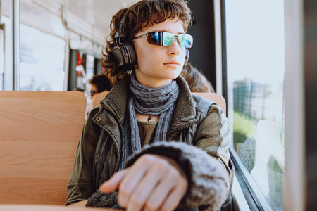 young beautiful hipster woman in the city sitting in a bus, lifestyle people conceptの写真素材