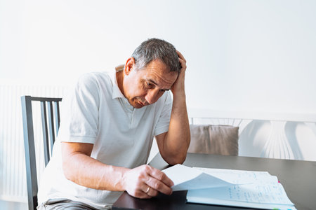 Portrait of mature man sitting at table and reading documents at homeの写真素材
