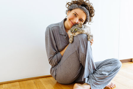 Morning with your beloved catの写真素材