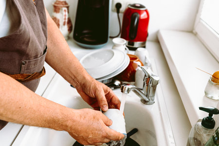 Middle-aged man, muscular build, wearing brown kitchen apron, washing dishes in kitchen kitchen, concept male householder, household choresの写真素材