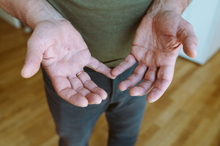man demonstrates palms hands skin marbling syndrome, blood vessels on skin of red color. Hands man...