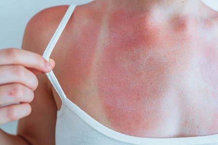 Swimsuit strap marks on young womans sunburned skinの写真素材