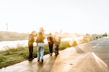 party young happy girls in natureの写真素材