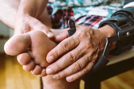 man scratches and scratches dry, cracked skin feetの写真素材