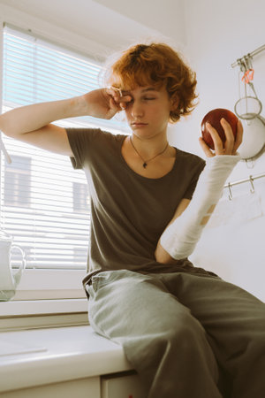 teenage girl with broken arm in cast in kitchen sitting on countertop eating appleの写真素材