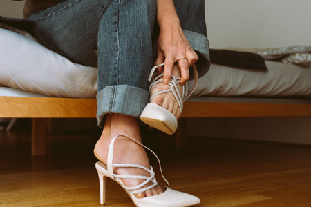 Tired female feet barefoot with bruise on big toe from tight uncomfortable shoesの写真素材