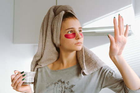 teenage girl, after shower, wearing patches under eyes, drinks coffee in home kitchen.の写真素材