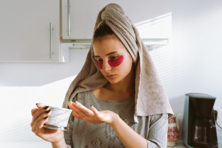 teenage girl, after shower, wearing patches under eyes, drinks coffee in home kitchen.の写真素材