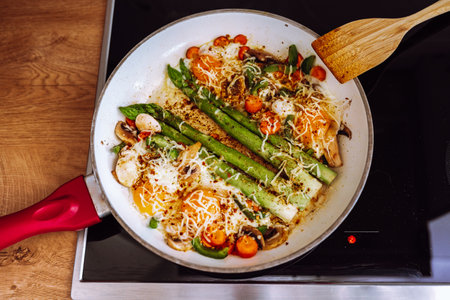 fried asparagus with cheese and egg in a frying panの写真素材