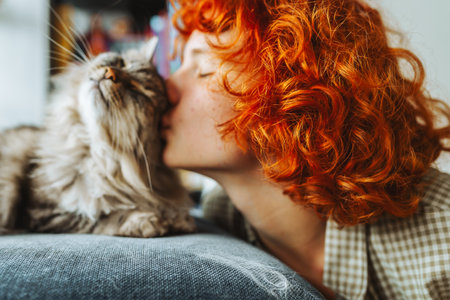 portrait red-haired attractive young woman with fluffy big catの写真素材