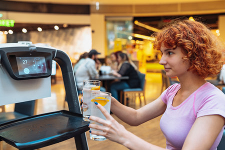 robot waiter delivered drinks to the tableの写真素材