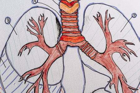 ink drawing of the structure of the human respiratory organ lungs with Latin symbolsの写真素材