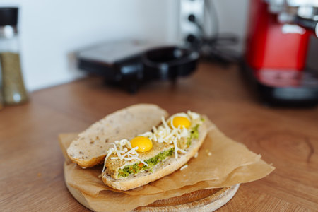 vegetable bruschetta with quail eggs, cheese in a home kitchenの写真素材