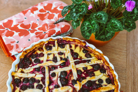 berry open pie in baking panの写真素材
