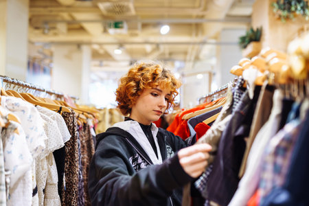 portrait of red-haired attractive young woman trying on clothes in storeの写真素材