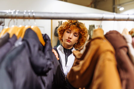 portrait of red-haired attractive young woman trying on clothes in storeの写真素材