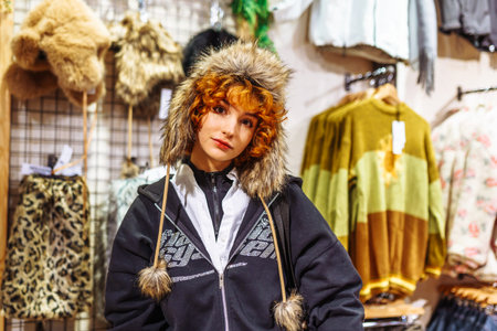 portrait of attractive red-haired curly girl, in winter fur hat, stylish faux fur hatの写真素材