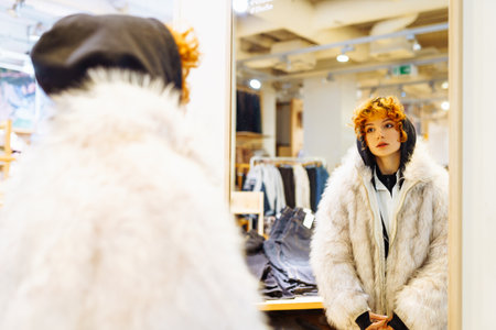 portrait of red-haired attractive young woman trying on fashionable fur coat in storeの写真素材