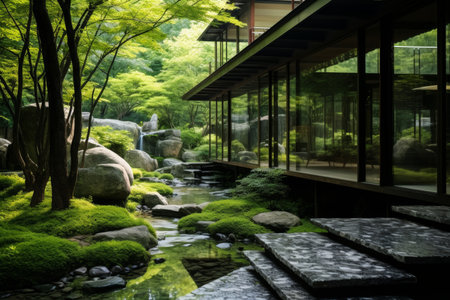 landscape design garden with house in Japanese styleの素材