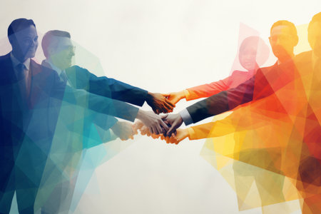Togetherness. image people business suits greeting each other with handshake, multi-colored spectrumの素材