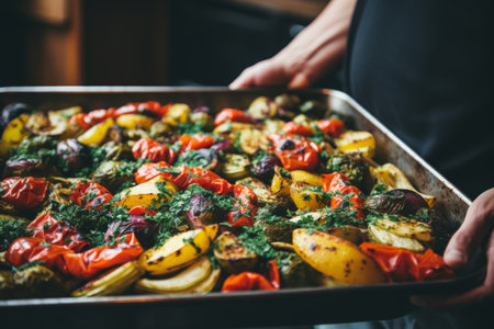 cook hands hold a baking tray with baked vegetablesの素材