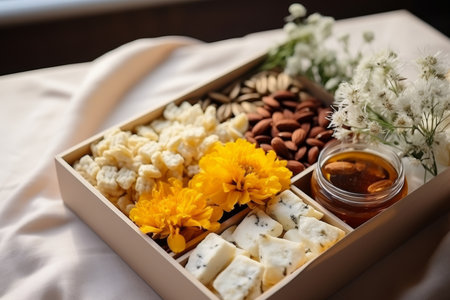 wooden box with portioned cheese, nuts, jar of honey, flower arrangement, gift food to goの素材