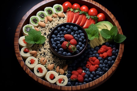 healthy snack set on a round plate, berries, sweet rolls, avocadoの素材