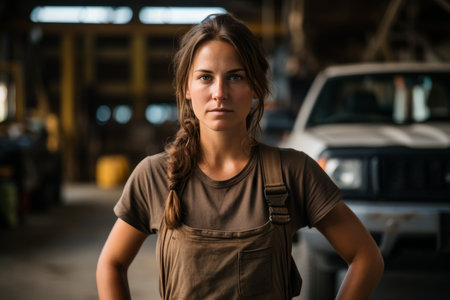 female auto mechanic repairing motorcycle in garageの素材