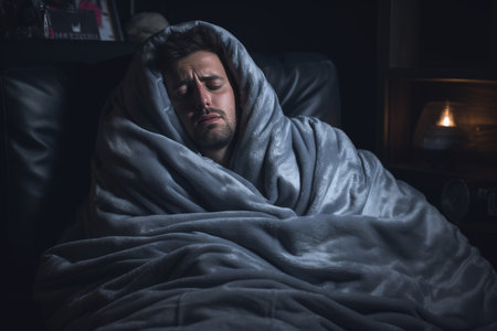 man wrapped in a blanket is sick, depressedの素材