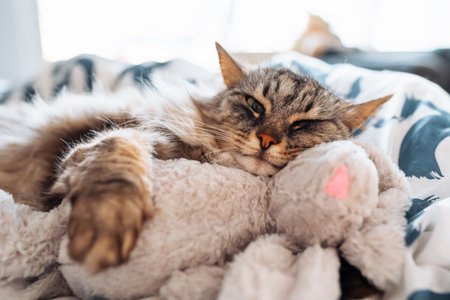 sleeping fluffy cute gray cat hugging a plush toy bunnyの写真素材