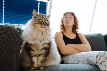 young woman spending time with her catの写真素材