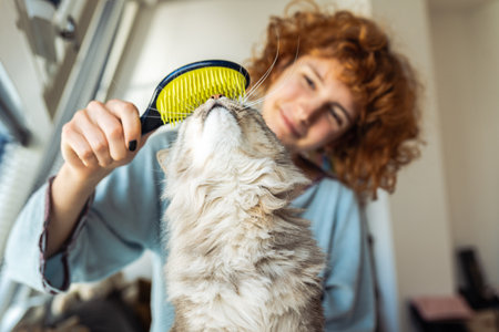 young red-haired woman brushes her furry pet catの写真素材