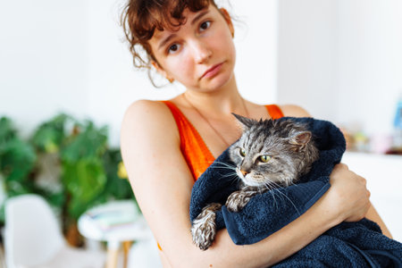 wet washed fluffy domestic cat wrapped in towel in young womans armsの写真素材