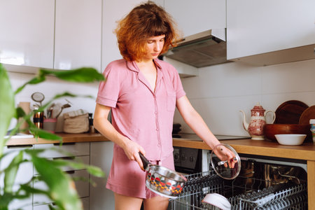 young woman using dishwasher in home kitchenの写真素材