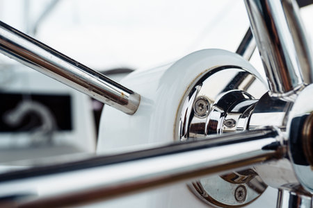steering wheel on a yachtの写真素材