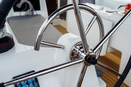 steering wheel on a yachtの写真素材