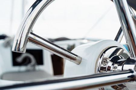 steering wheel on a yachtの写真素材