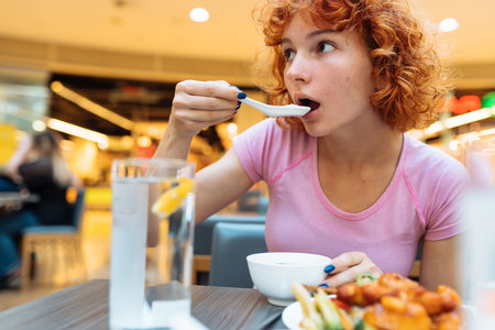 attractive redhead teen girl eating chinese soup in fast food restaurant