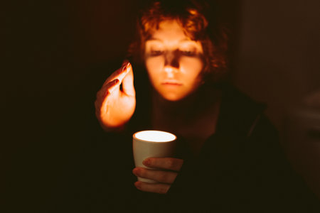 young woman with a candle in a dark room