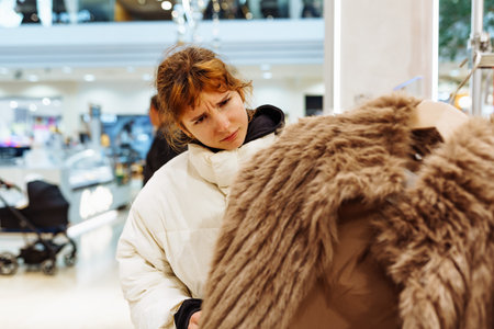 portrait of red-haired attractive young woman trying on fashionable fur coat in store