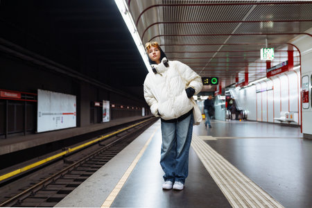 young woman in white winter jacket in the underground metro
