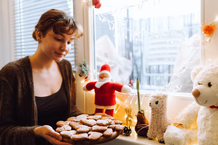young woman holding gingerbread cookies on a wooden round boardの写真素材