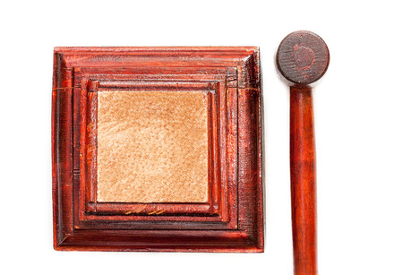 Wooden gavel of judge, close-up, white background, no people, horizontalの写真素材