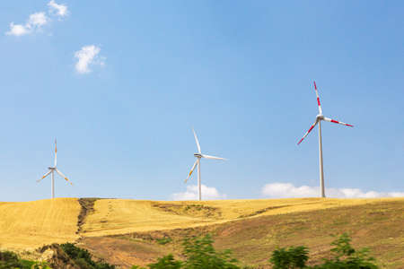 Three wind-driven electric generators against a yellow field and blue sky. Summer sunny day.の写真素材