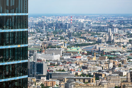 Moscow, Russia - June 5, 2021: Panoramic view of the city of Moscow from the observation deck of a skyscraper on a sunny summer day. Breathtaking bird's eye view of Moscow.のeditorial素材
