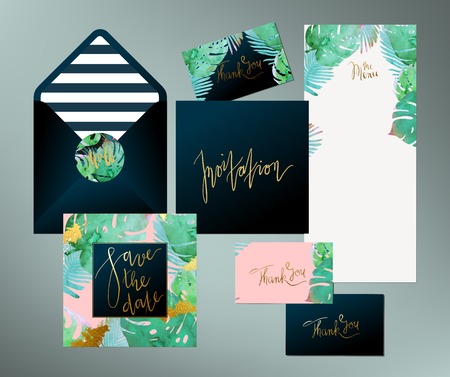 Trendy tropical jungle style vector wedding print set. Invitation cards, menu and envelope vector templates with exotic green, blue, pink plants with glittering gold blots and stripes texture.のイラスト素材