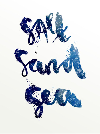 "Salt sand sea" art print vector illustration. Hand written quotes on gouache paint textured background. Poster in deep ocean blue and grey colors. Expressive lettering with brush texture effect.のイラスト素材