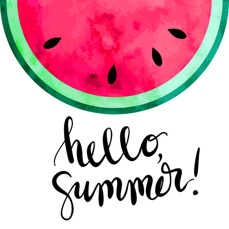 "hello summer" hand written lettering vector illustration with watercolor paint textured watermelon.のイラスト素材